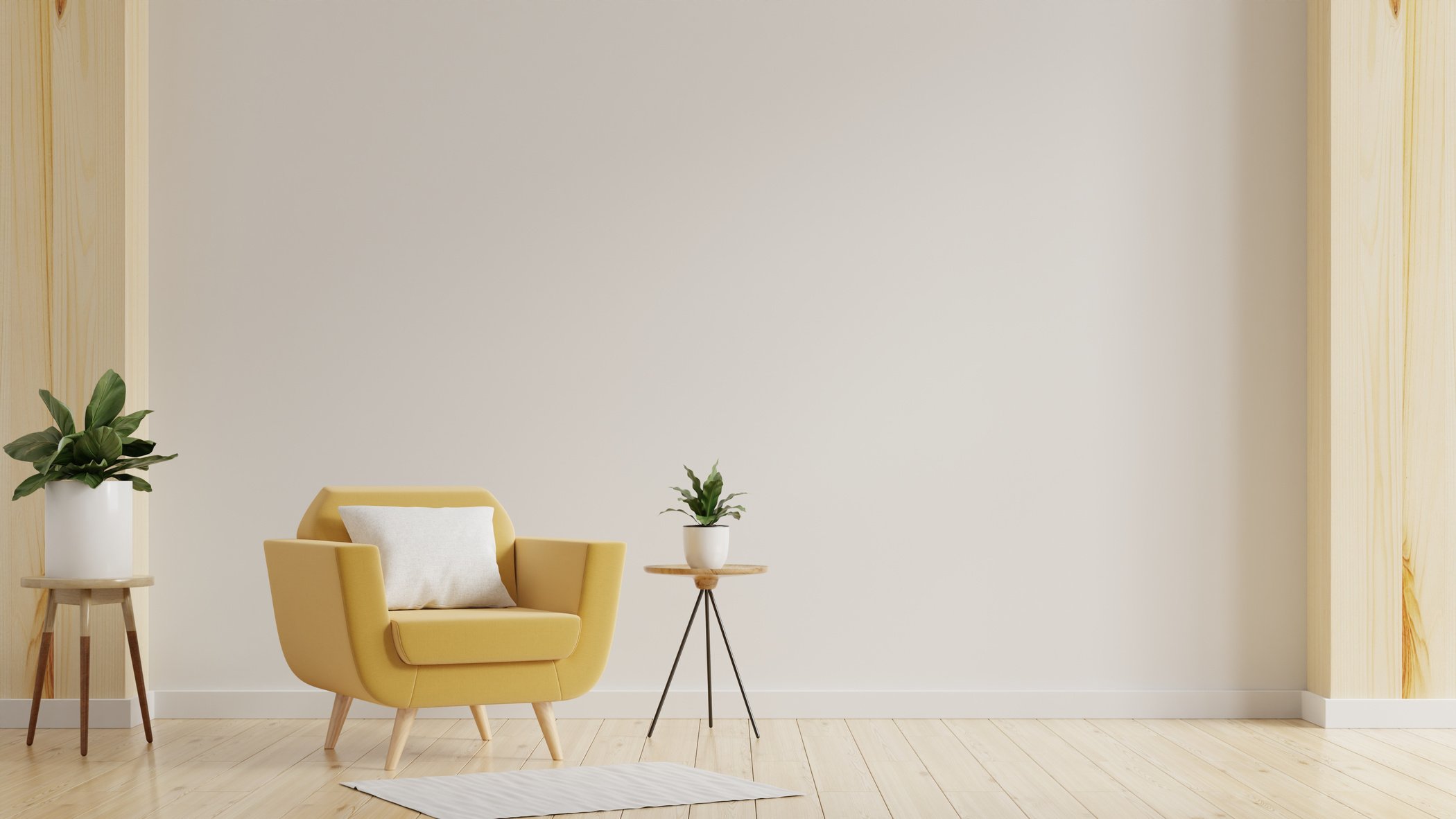 Modern minimalist interior with an yellow armchair on empty